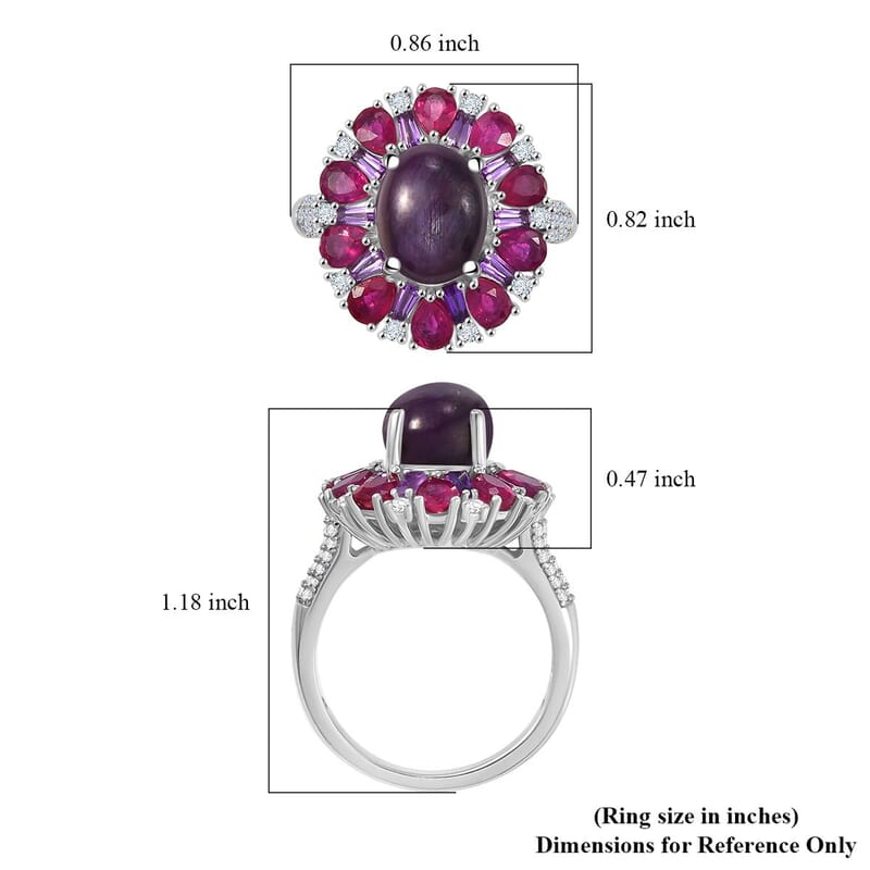 D'Joy Indian Star Ruby and Multi Gemstone 8.60 ctw Starlight Ring in Rhodium Over Sterling Silver (Size 10.0)