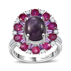 Indian Star Ruby and Multi Gemstone 8.60 ctw Starlight Ring in Rhodium Over Sterling Silver (Size 8.0)