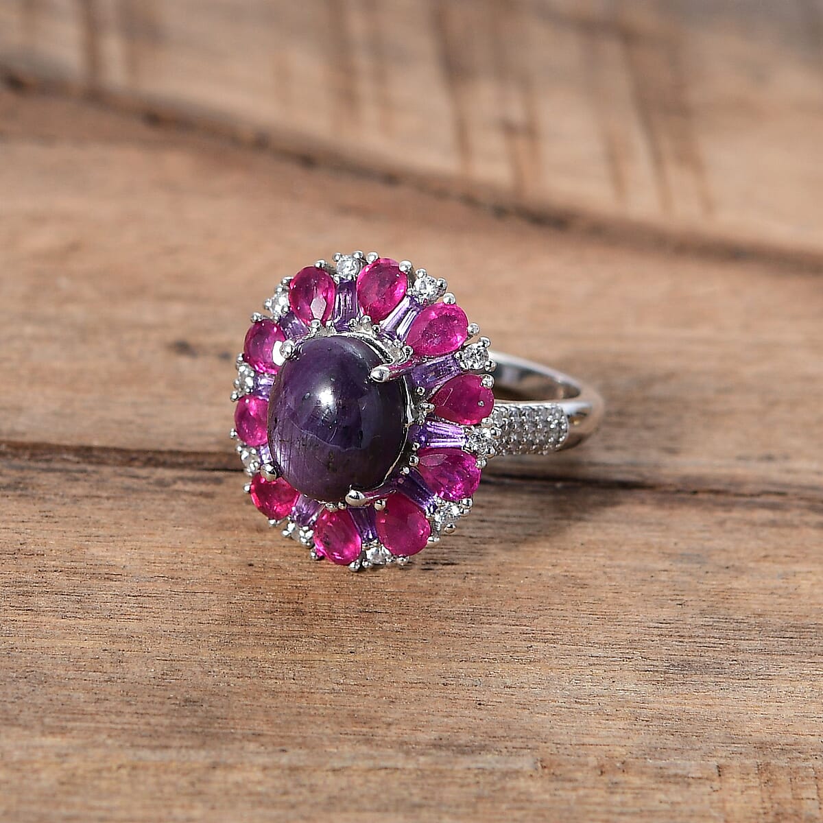 Indian Star Ruby and Multi Gemstone 8.60 ctw Starlight Ring in Rhodium Over Sterling Silver (Size 8.0) image number 1