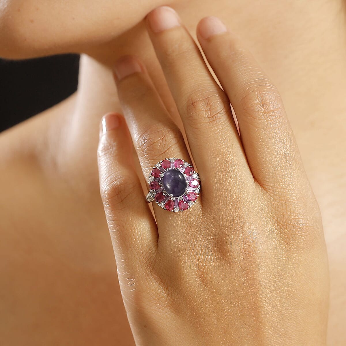 Indian Star Ruby and Multi Gemstone 8.60 ctw Starlight Ring in Rhodium Over Sterling Silver (Size 8.0) image number 2