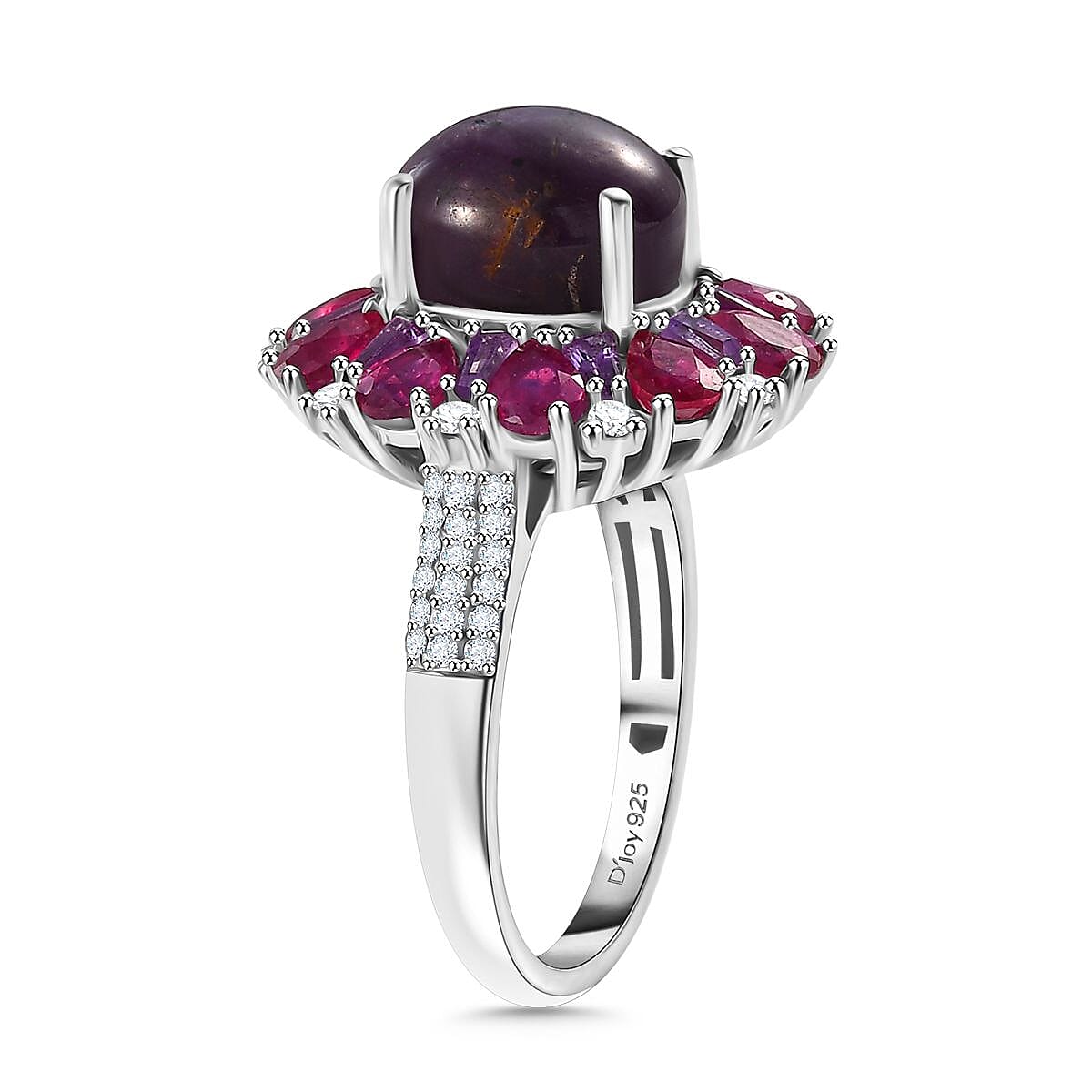 Indian Star Ruby and Multi Gemstone 8.60 ctw Starlight Ring in Rhodium Over Sterling Silver (Size 8.0) image number 3