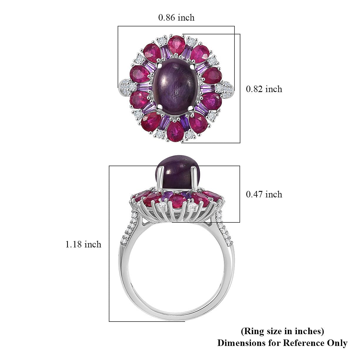 Indian Star Ruby and Multi Gemstone 8.60 ctw Starlight Ring in Rhodium Over Sterling Silver (Size 8.0) image number 5