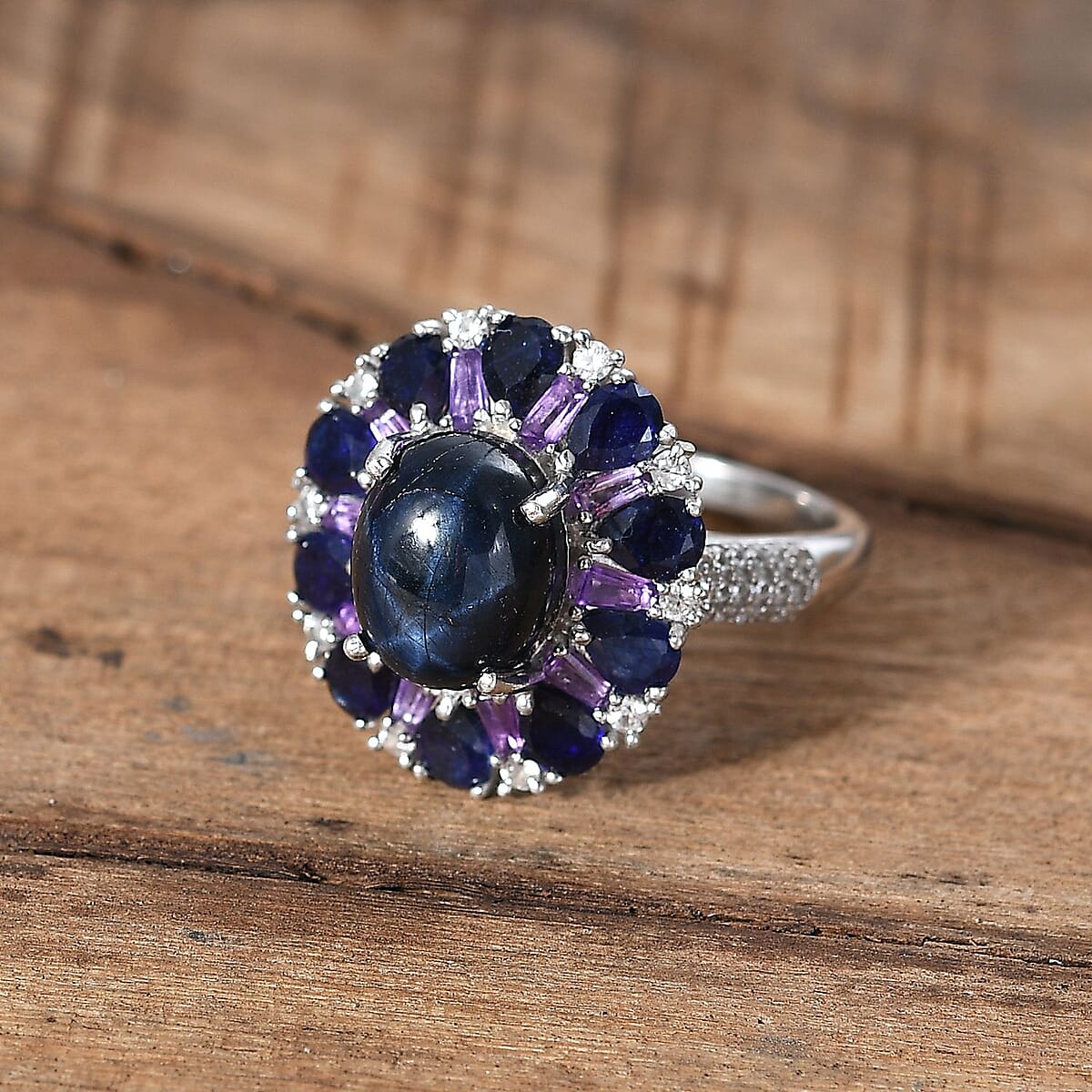 D'Joy Premium Blue Star Sapphire (DF) and White Zircon 8.10 ctw Starlight Ring in Rhodium Over Sterling Silver (Size 7.0) image number 1