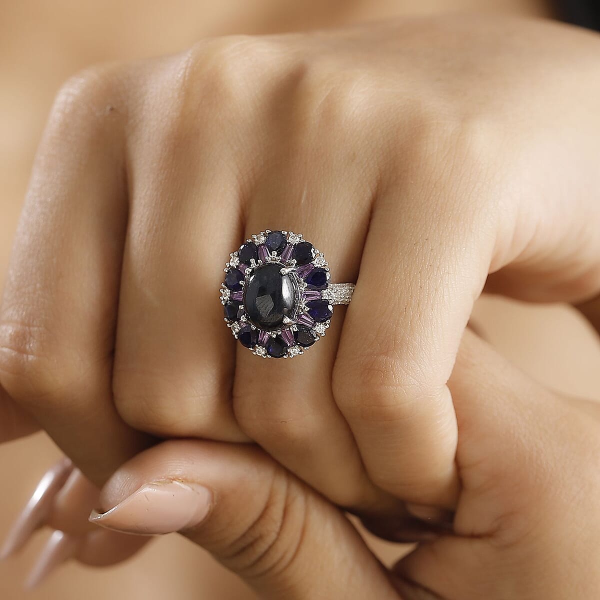 D'Joy Premium Blue Star Sapphire (DF) and White Zircon 8.10 ctw Starlight Ring in Rhodium Over Sterling Silver (Size 7.0) image number 2