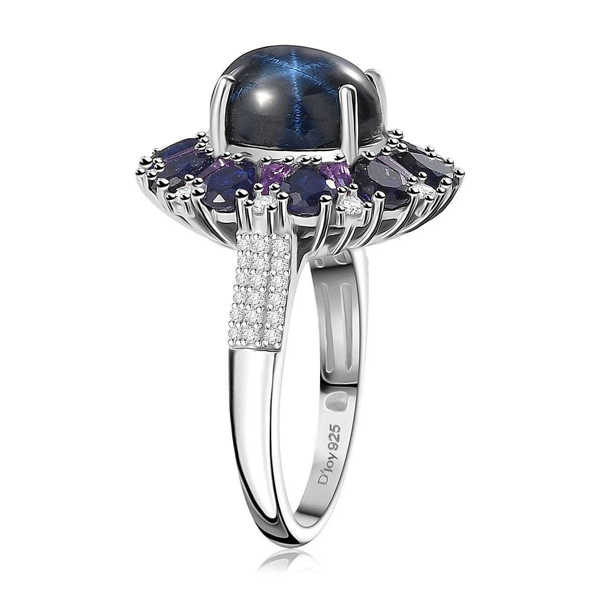 D'Joy Premium Blue Star Sapphire (DF) and White Zircon 8.10 ctw Starlight Ring in Rhodium Over Sterling Silver (Size 7.0) image number 3
