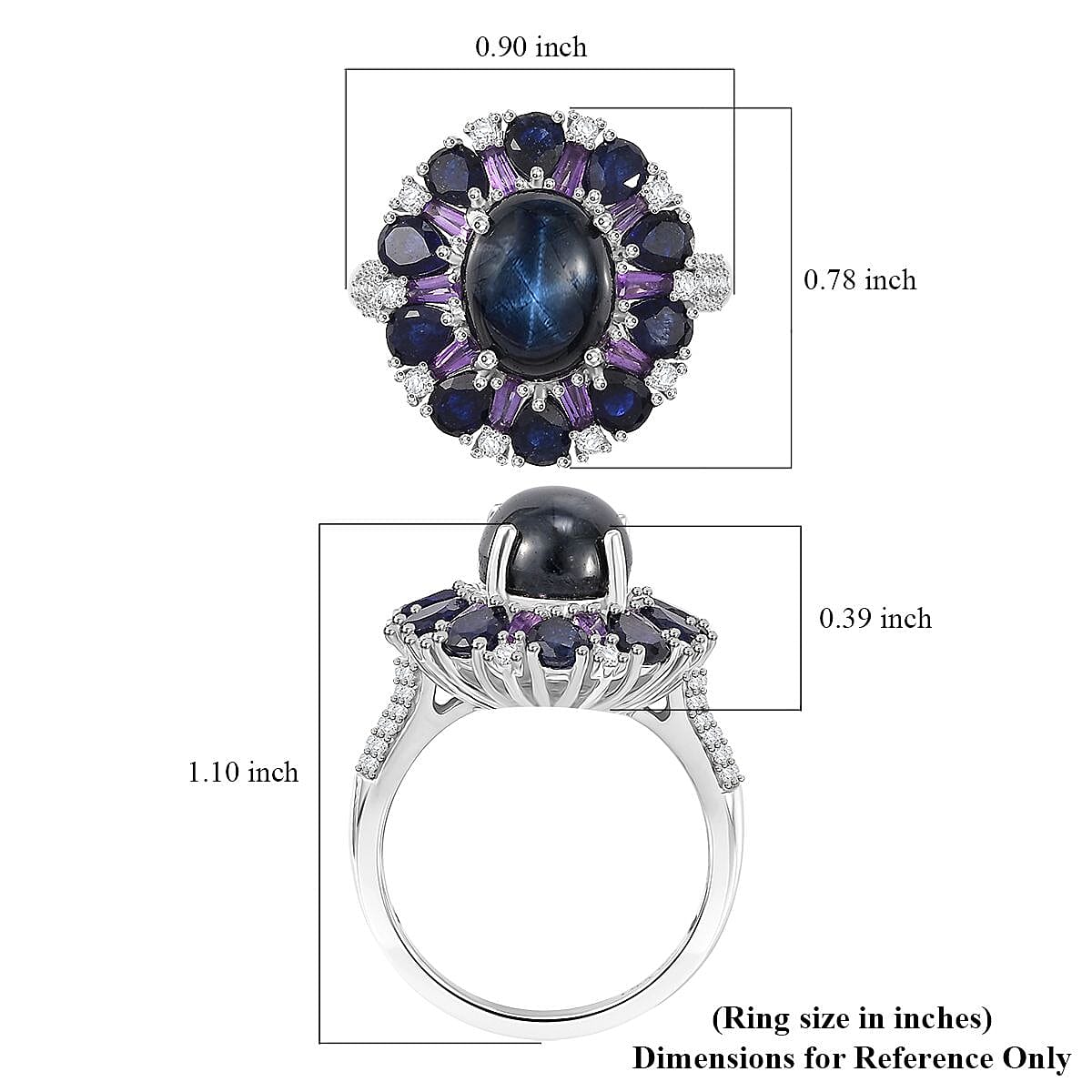 D'Joy Premium Blue Star Sapphire (DF) and White Zircon 8.10 ctw Starlight Ring in Rhodium Over Sterling Silver (Size 7.0) image number 5