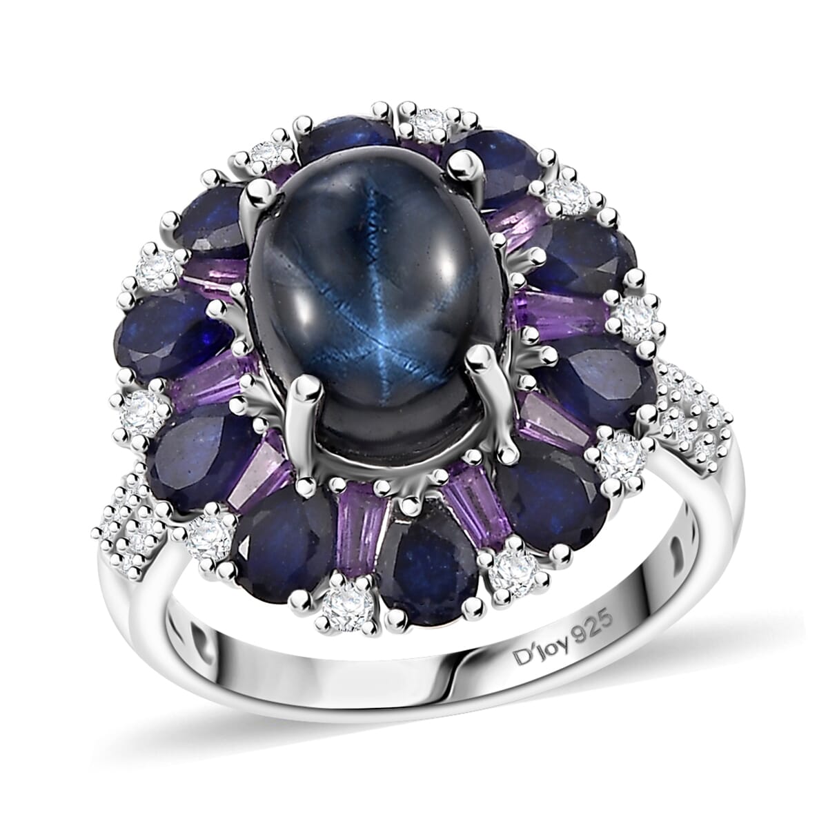 Premium Blue Star Sapphire (DF), White Zircon Starlight Ring in Rhodium Over Sterling Silver (Size 8.0) 8.10 ctw image number 0
