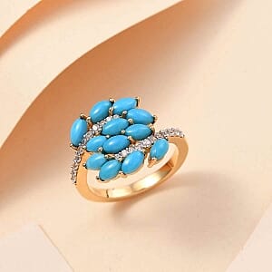 Sleeping Beauty Turquoise and White Zircon 2.35 ctw Cluster Ring in Vermeil Yellow Gold Over Sterling Silver (Size 11.5)