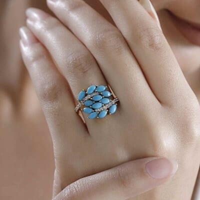 Sleeping Beauty Turquoise and White Zircon 2.35 ctw Cluster Ring in Vermeil Yellow Gold Over Sterling Silver (Size 11.5)