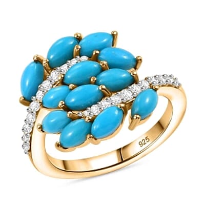 Sleeping Beauty Turquoise and White Zircon 2.35 ctw Cluster Ring in Vermeil Yellow Gold Over Sterling Silver (Size 11.5)