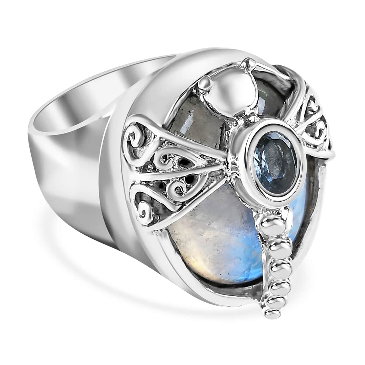 Sajen Silver Rainbow Moonstone and Sky Blue Topaz 16.40 ctw Dragonfly Ring in Sterling Silver (Size 10.0) image number 0