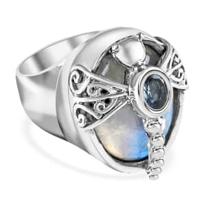 Sajen Silver Rainbow Moonstone and Sky Blue Topaz 16.40 ctw Dragonfly Ring in Sterling Silver (Size 10.0)