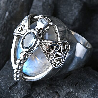 Sajen Silver Rainbow Moonstone and Sky Blue Topaz 16.40 ctw Dragonfly Ring in Sterling Silver (Size 10.0)
