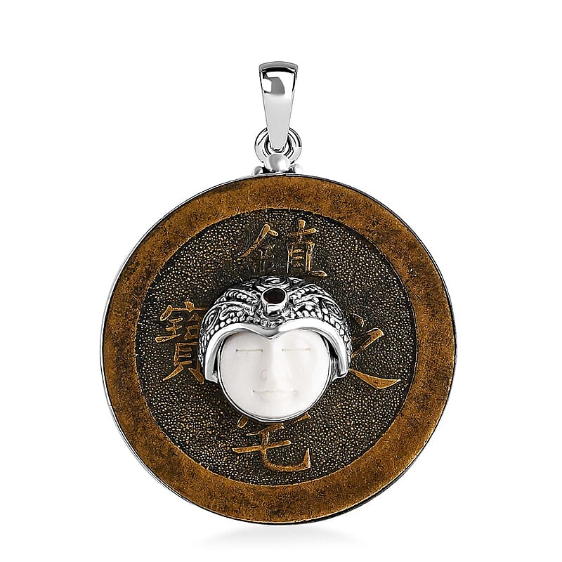 Sajen Silver Carved Bone, Mozambique Garnet 0.15 ctw, Coin Pendant without Chain in Sterling Silver