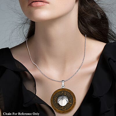 Sajen Silver Carved Bone, Mozambique Garnet 0.15 ctw, Coin Pendant without Chain in Sterling Silver