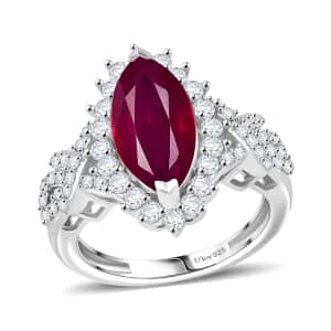 Doorbuster AAA Niassa Ruby (FF) and White Zircon 5.90 ctw Scarlet Flame Ring in Rhodium Over Sterling Silver (Size 7.0)