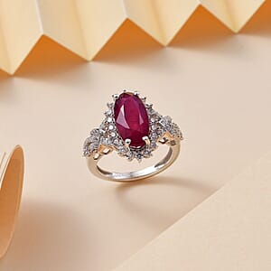 D'Joy AAA Niassa Ruby (FF) and White Zircon 6.10 ctw Scarlet Flame Ring in Rhodium Over Sterling Silver (Size 10.0)