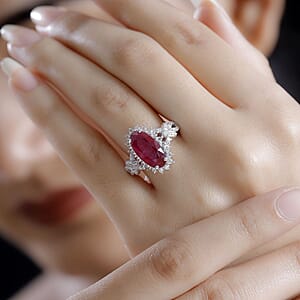 D'Joy AAA Niassa Ruby (FF) and White Zircon 6.10 ctw Scarlet Flame Ring in Rhodium Over Sterling Silver (Size 10.0)