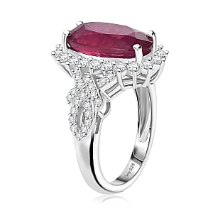 D'Joy AAA Niassa Ruby (FF) and White Zircon 6.10 ctw Scarlet Flame Ring in Rhodium Over Sterling Silver (Size 9.0)