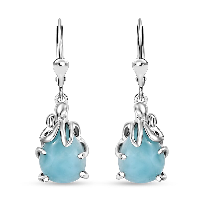 D'Joy Natural Green Larimar 7.90 ctw Octopus Earrings in Rhodium Over Sterling Silver