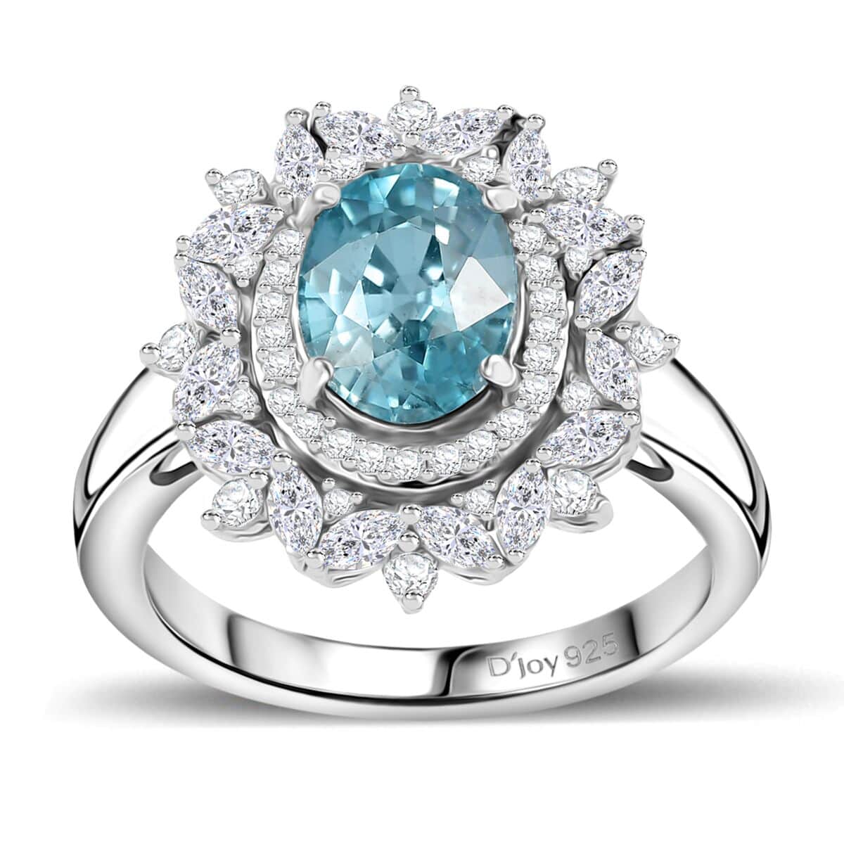 Premium Cambodian Blue Zircon, White Zircon Cluster Ring in Rhodium Over Sterling Silver (Size 7.0) 3.85 ctw image number 0