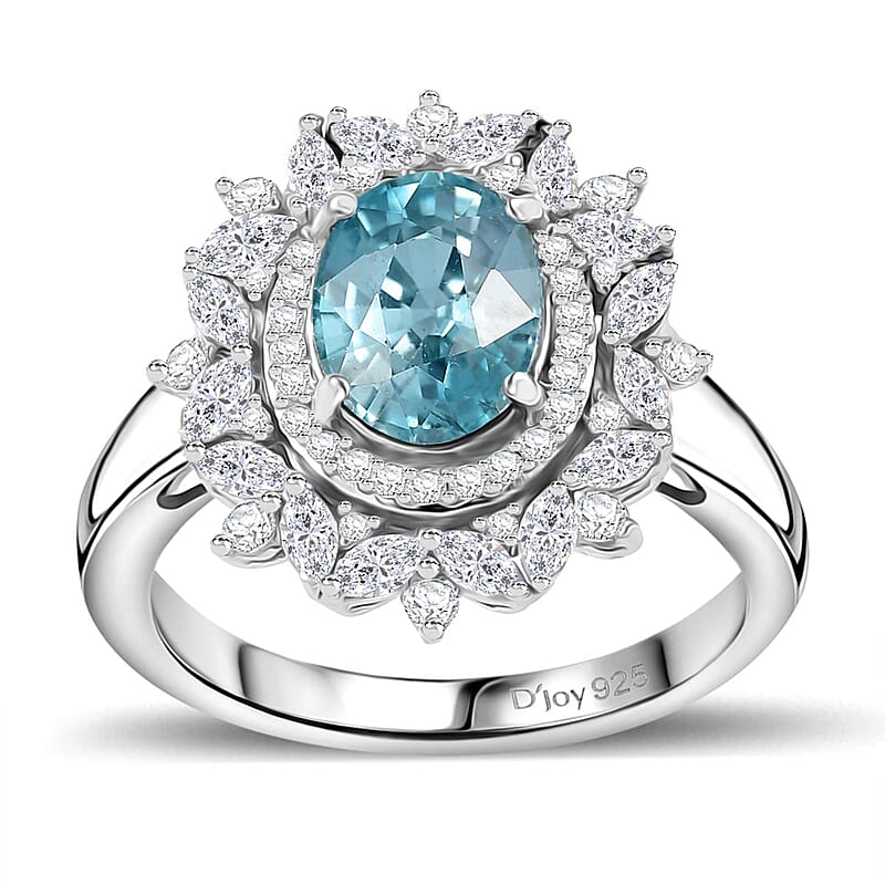 D'Joy Premium Cambodian Blue Zircon and White Zircon 3.85 ctw Blooming Halo Ring in Rhodium Over Sterling Silver (Size 10.0)
