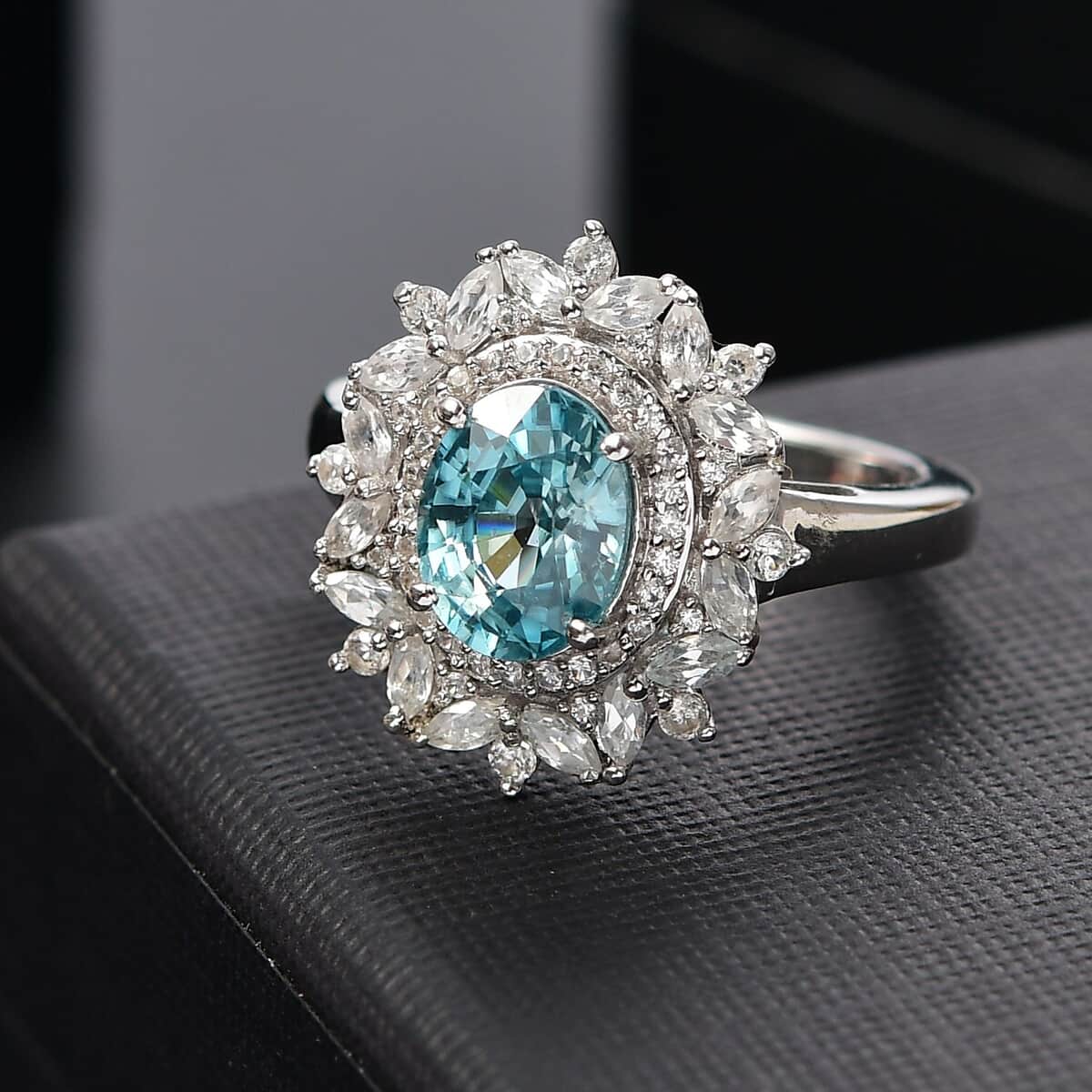 Premium Cambodian Blue Zircon, White Zircon Cluster Ring in Rhodium Over Sterling Silver (Size 7.0) 3.85 ctw image number 1