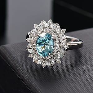 D'Joy Premium Cambodian Blue Zircon and White Zircon 3.85 ctw Blooming Halo Ring in Rhodium Over Sterling Silver (Size 10.0)
