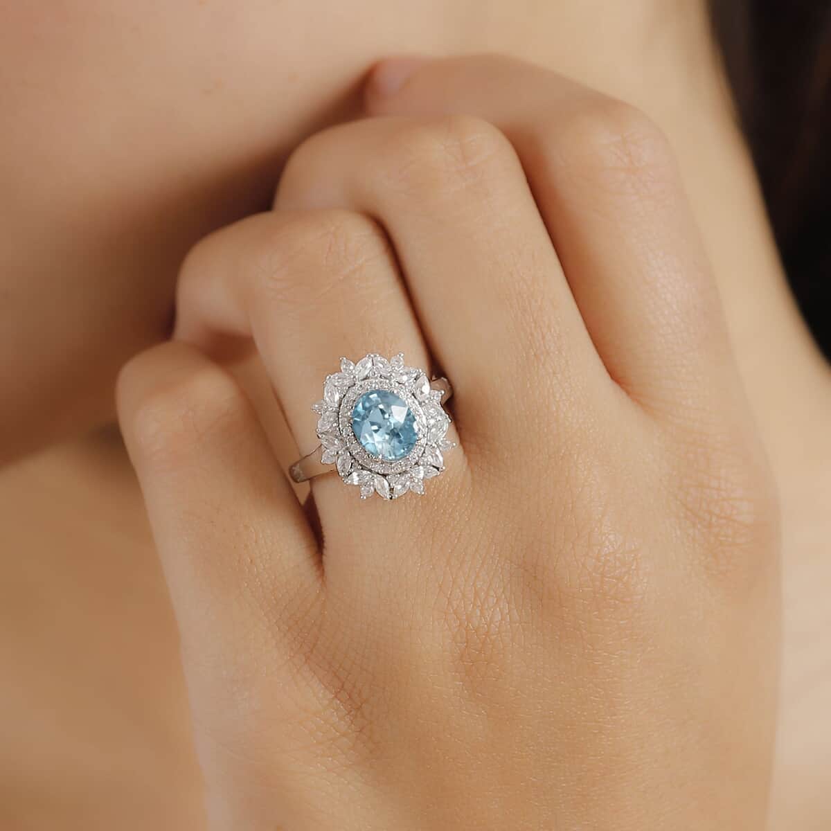 Premium Cambodian Blue Zircon, White Zircon Cluster Ring in Rhodium Over Sterling Silver (Size 7.0) 3.85 ctw image number 2