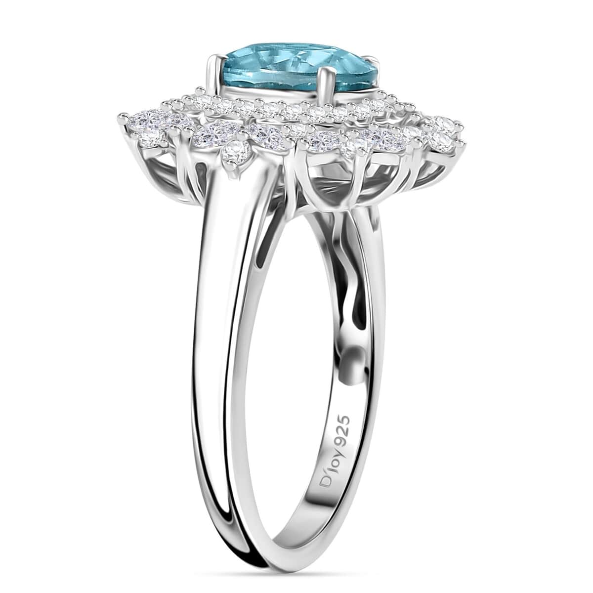 Premium Cambodian Blue Zircon, White Zircon Cluster Ring in Rhodium Over Sterling Silver (Size 7.0) 3.85 ctw image number 3