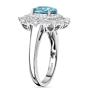 D'Joy Premium Cambodian Blue Zircon and White Zircon 3.85 ctw Blooming Halo Ring in Rhodium Over Sterling Silver (Size 10.0)