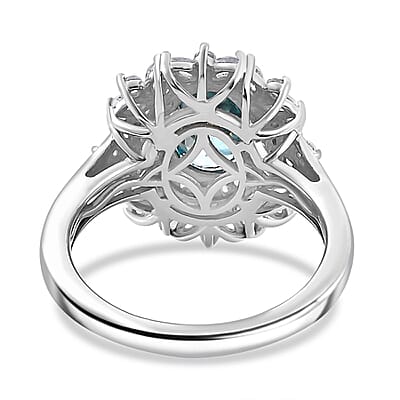 D'Joy Premium Cambodian Blue Zircon and White Zircon 3.85 ctw Blooming Halo Ring in Rhodium Over Sterling Silver (Size 10.0)