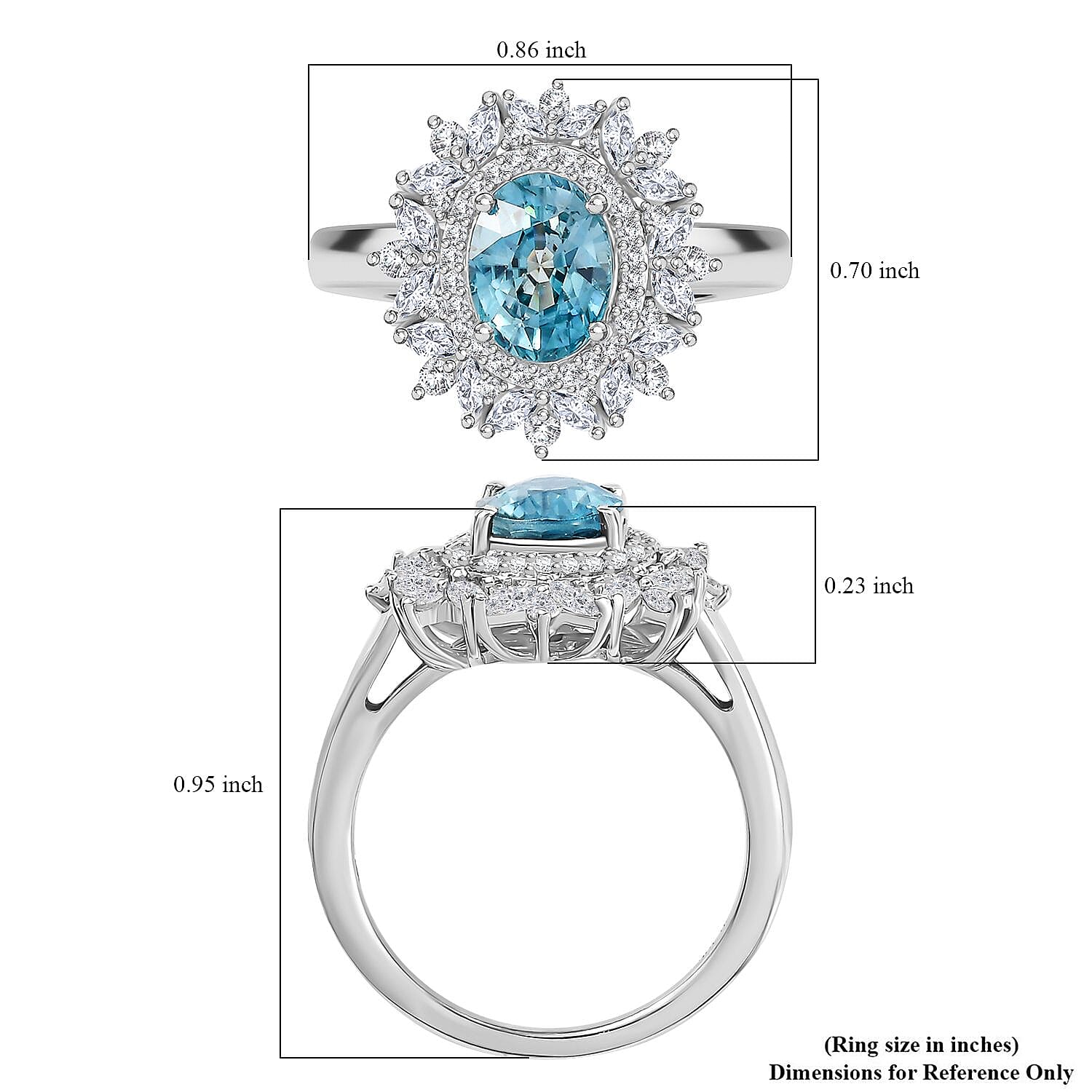 D'Joy Premium Cambodian Blue Zircon and White Zircon 3.85 ctw Blooming Halo Ring in Rhodium Over Sterling Silver (Size 10.0)