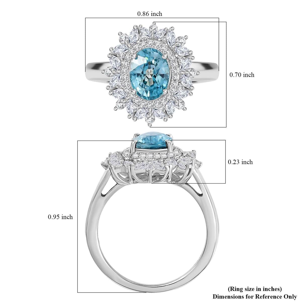 Premium Cambodian Blue Zircon, White Zircon Cluster Ring in Rhodium Over Sterling Silver (Size 7.0) 3.85 ctw image number 5