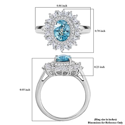 D'Joy Premium Cambodian Blue Zircon and White Zircon 3.85 ctw Blooming Halo Ring in Rhodium Over Sterling Silver (Size 10.0)