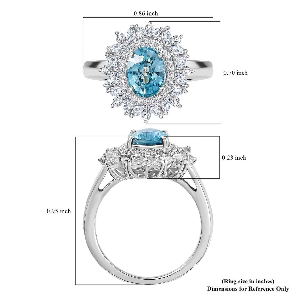 Premium Cambodian Blue Zircon, White Zircon Cluster Ring in Rhodium Over Sterling Silver (Size 7.0) 3.85 ctw image number 6