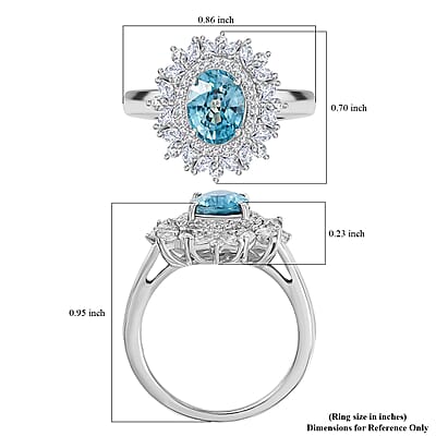 D'Joy Premium Cambodian Blue Zircon and White Zircon 3.85 ctw Blooming Halo Ring in Rhodium Over Sterling Silver (Size 10.0)