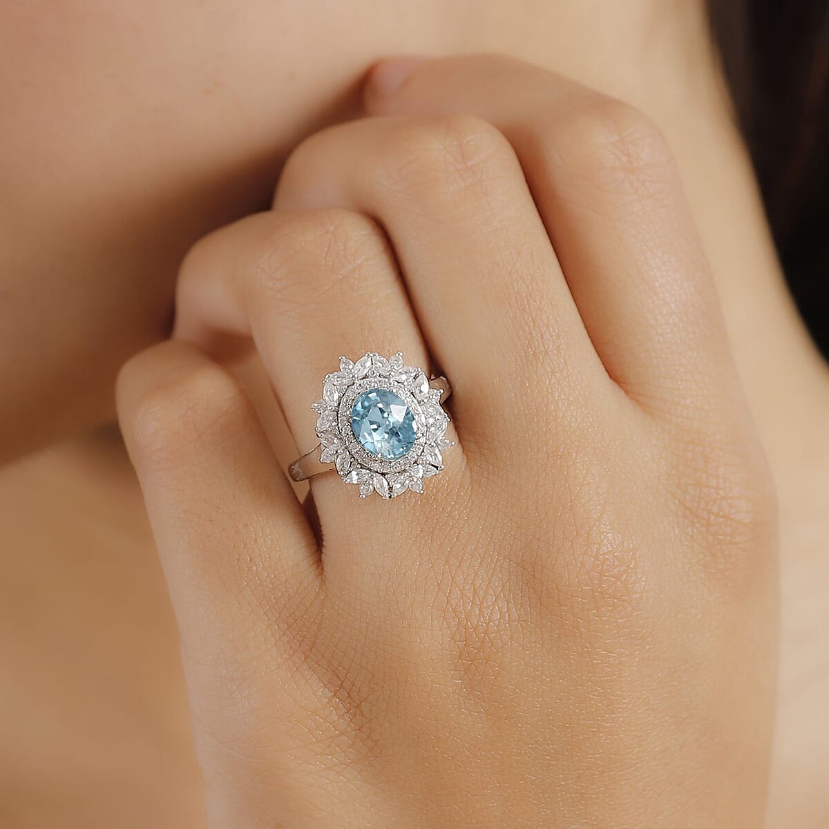 Premium Cambodian Blue Zircon and White Zircon 3.85 ctw Blooming Halo Ring in Rhodium Over Sterling Silver (Size 5.0) (Del. in 10-12 Days) image number 2