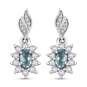 Cambodian Blue Zircon and White Zircon 1.50 ctw Sunburst Earrings in Rhodium Over Sterling Silver