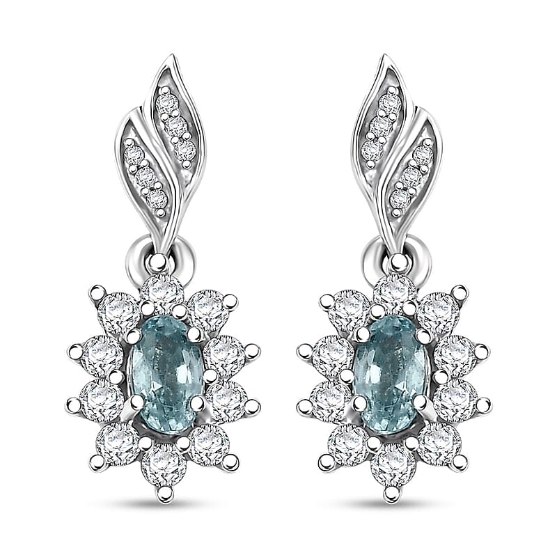 D'Joy Cambodian Blue Zircon and White Zircon 1.50 ctw Sunburst Earrings in Rhodium Over Sterling Silver