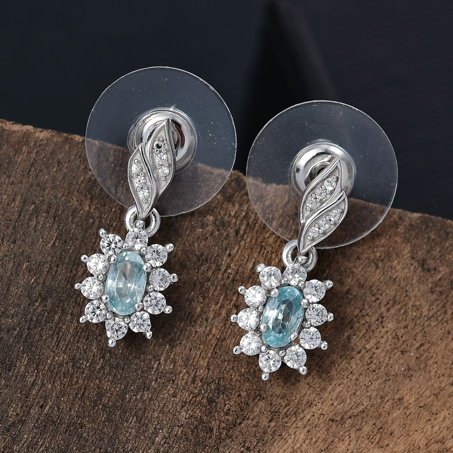Cambodian Blue Zircon and White Zircon 1.50 CTW Sunburst Earrings in Rhodium Over Sterling Silver Shop LC