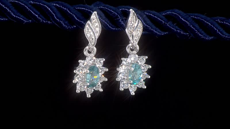 D'Joy Cambodian Blue Zircon and White Zircon 1.50 ctw Sunburst Earrings in Rhodium Over Sterling Silver