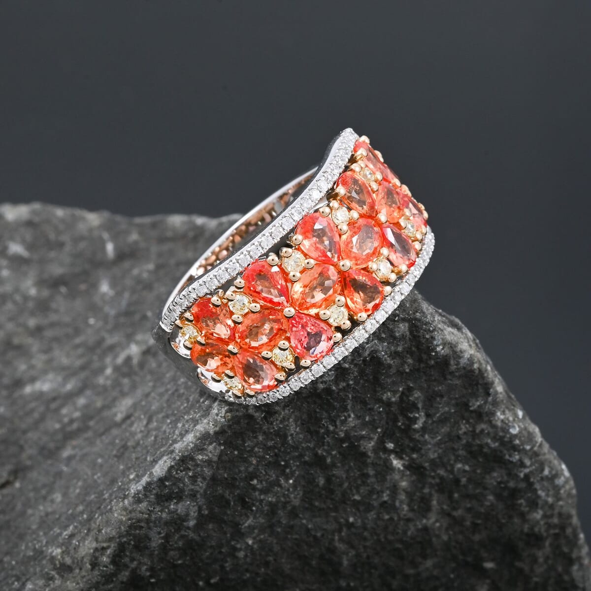 Modani Padparadscha Sapphire, Natural Yellow and White Diamond 3.09 ctw Ring in 14K White and Yellow Gold (Size 10.0) image number 1