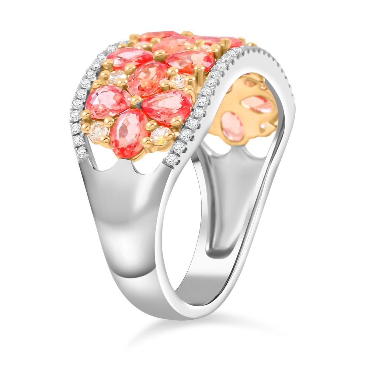 Modani Padparadscha Sapphire, Natural Yellow and White Diamond 3.09 ctw Ring in 14K White and Yellow Gold (Size 10.0) image number 3