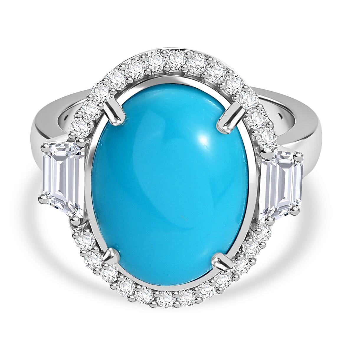 Sleeping Beauty Turquoise and White Zircon 8.98 ctw Ring in Rhodium Over Sterling Silver (Size 9.0)