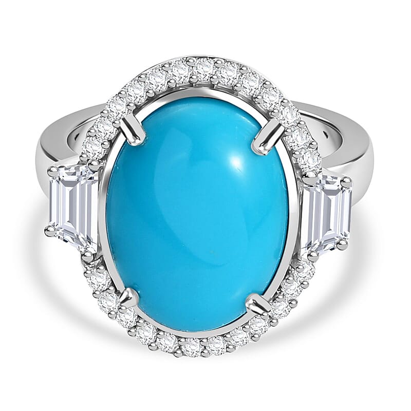 Sleeping Beauty Turquoise and White Zircon 8.98 ctw Ring in Rhodium Over Sterling Silver (Size 9.0)