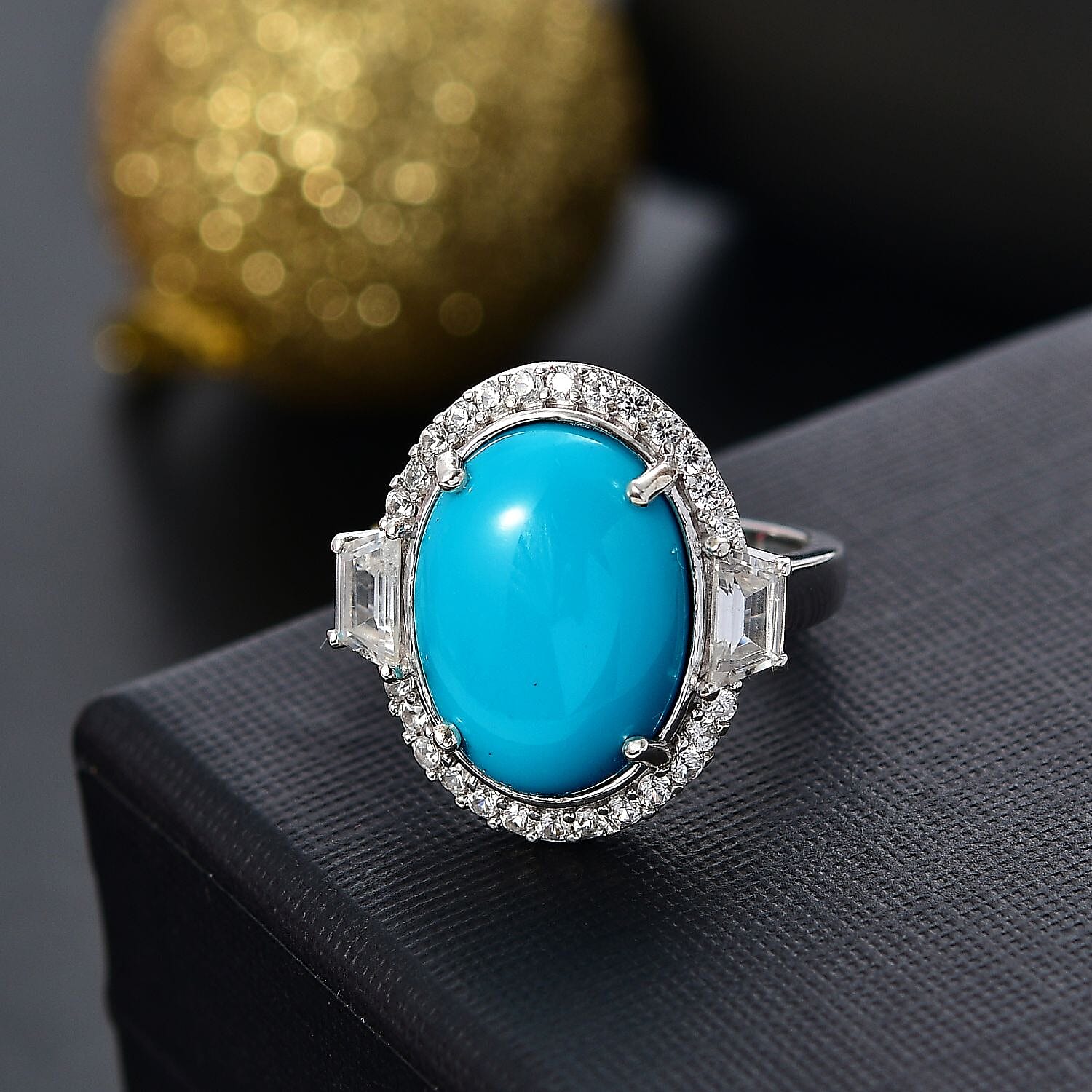 Sleeping Beauty Turquoise and White Zircon 8.98 ctw Ring in Rhodium Over Sterling Silver (Size 9.0)