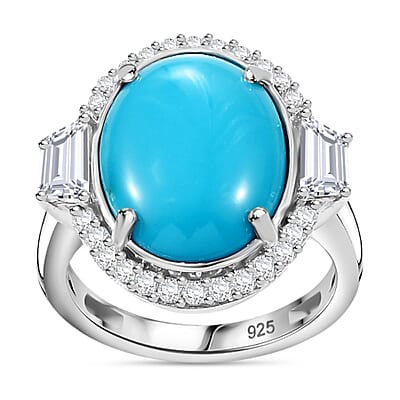 Sleeping Beauty Turquoise and White Zircon 8.98 ctw Ring in Rhodium Over Sterling Silver (Size 9.0)