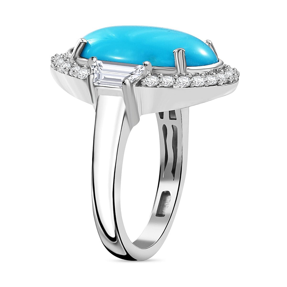 Sleeping Beauty Turquoise and White Zircon 8.98 ctw Ring in Rhodium Over Sterling Silver (Size 9.0)