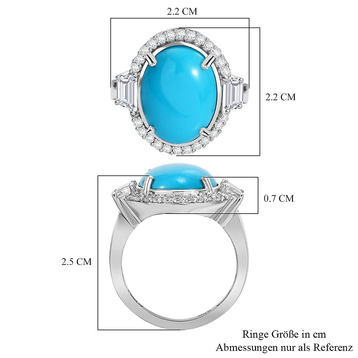 Sleeping Beauty Turquoise and White Zircon 8.98 ctw Ring in Rhodium Over Sterling Silver (Size 9.0)